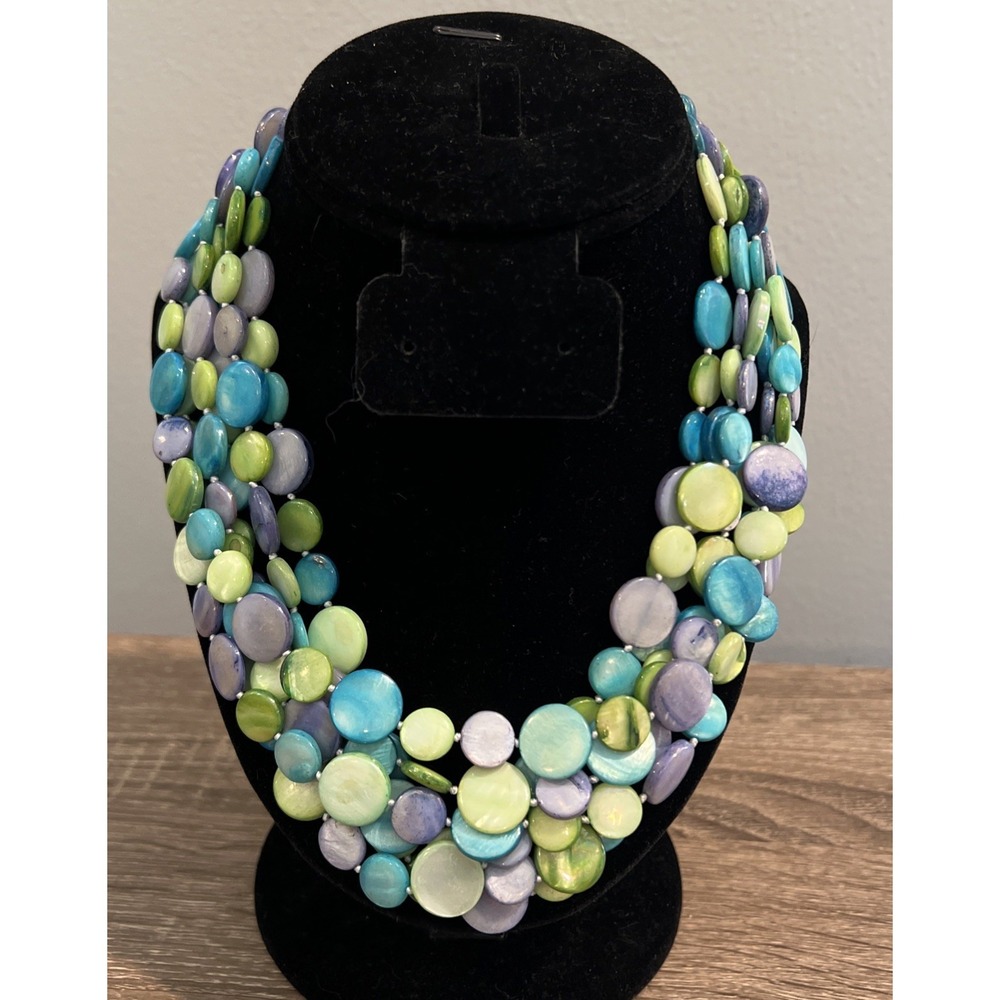 Mother Of Pearl Multistrand 6 Blue Green Purple Shell Disc Necklace Sea Lilly